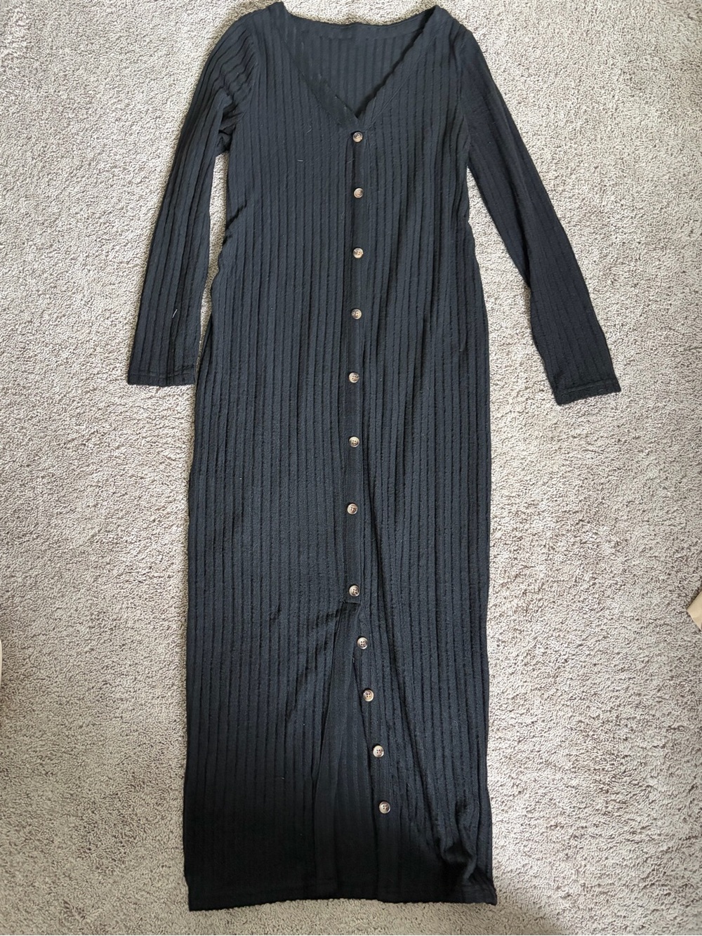 Maternity Black Button-Front Ribbed Long Sleeve Maxi Dress